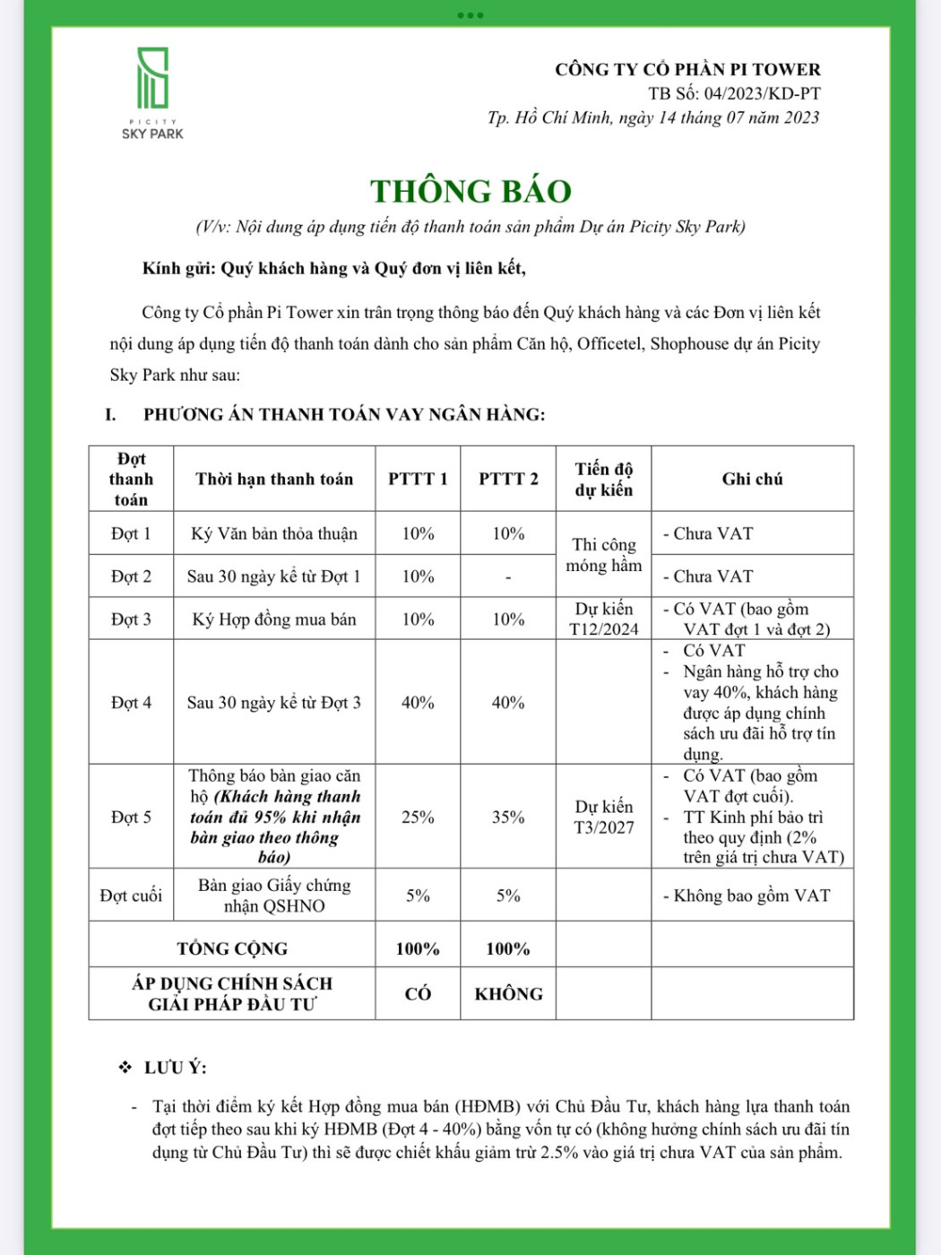 thanh toán dự án picity sky park Dĩ An